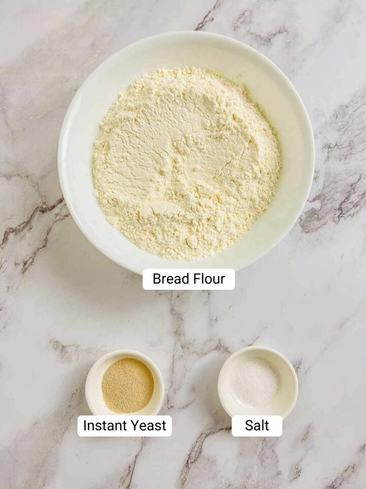Ingredients to make no-knead yeast bread.