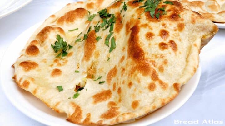 Naan bread placed on a white plate.